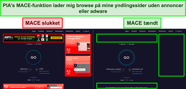 Skærmbilleder af Ookla, med PIA's MACE slukket og tændt, viser hvor mange annoncer den effektivt blokerer.