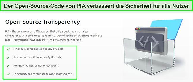 Screenshot der PIA-Website mit Details zur Transparenz des Open-Source-Codes.