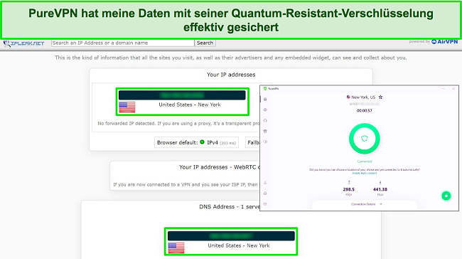 Screenshot von PureVPN, das mit einem US-Server verbunden ist, wobei die Ergebnisse eines IPLeak-Tests keine Datenlecks zeigen.