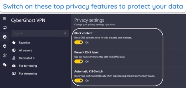 image of CyberGhost's Windows app, highlighting its privacy settings.