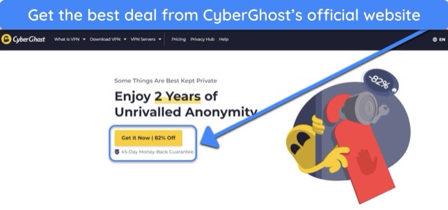 image of CyberGhost's website showing its top deal available