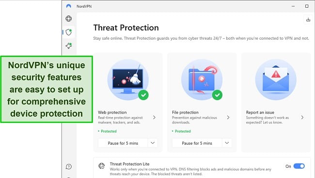 Screenshot of NordVPN's Windows app, showing the Threat Protection feature switched on.
