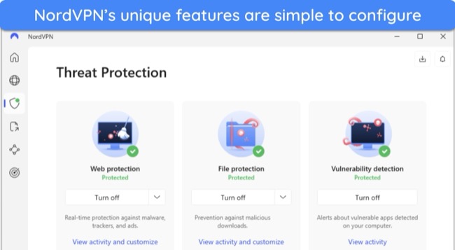image of NordVPN's Windows app, showing the Threat Protection settings.