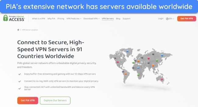 image of PIA's website showing its server network availability.