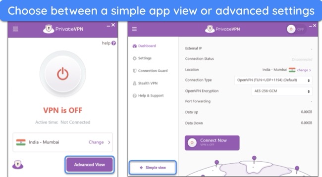 screenshots of PrivateVPN's Windows app, showing the difference between the Advanced and Simple app views