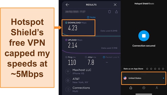 Screenshot of Ookla speed test with Hotspot Shield connected to a US server.