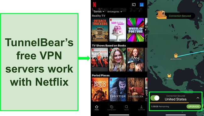 Screenshot of TunnelBear connected to a US server with Netflix showing US-only content.