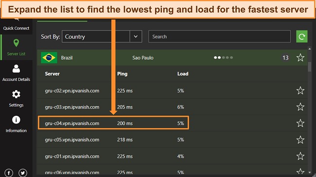 Screenshot of IPVanish's Brazilian server list with the best option highlighted.