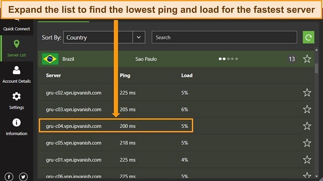 Screenshot of IPVanish's Brazilian server list with the best option highlighted.