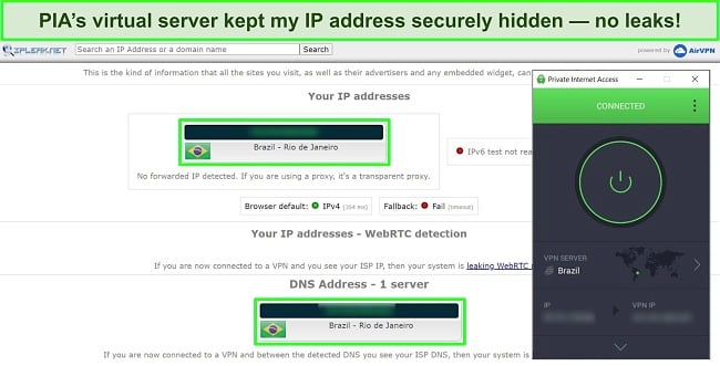 Screenshot of an IP leak test showing no data leaks, with PIA connected to a Brazilian server.