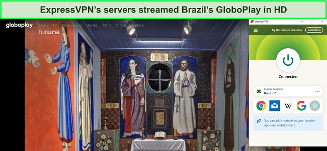 Screenshot of Brazil's GloboPlay streaming service playing a show with ExpressVPN connected to a Brazilian server.