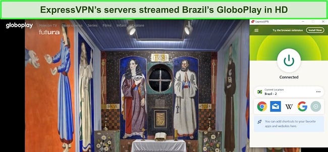 Screenshot of Brazil's GloboPlay streaming service playing a show with ExpressVPN connected to a Brazilian server.