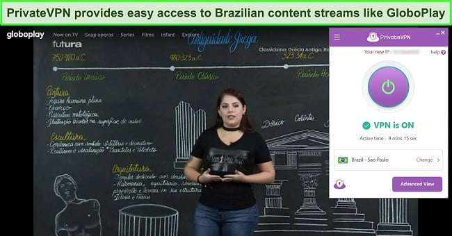 Screenshot of PrivateVPN connected to a Brazilian server with GloboPlay streaming in the background.