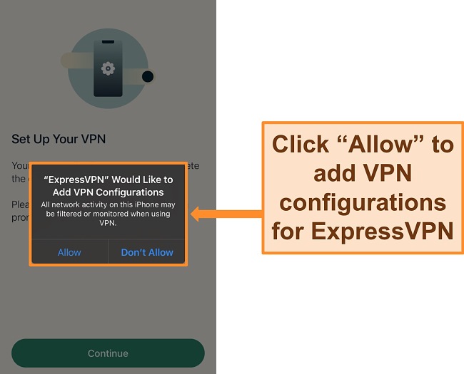 Screenshot of ExpressVPN's iOS app requesting permission to allow VPN configurations.