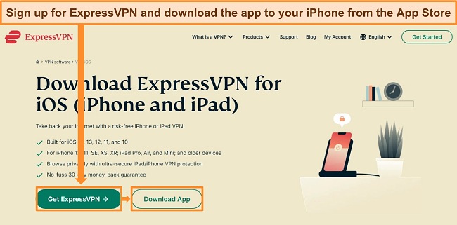 Screenshot of ExpressVPN's website with subscription and download options for iOS.