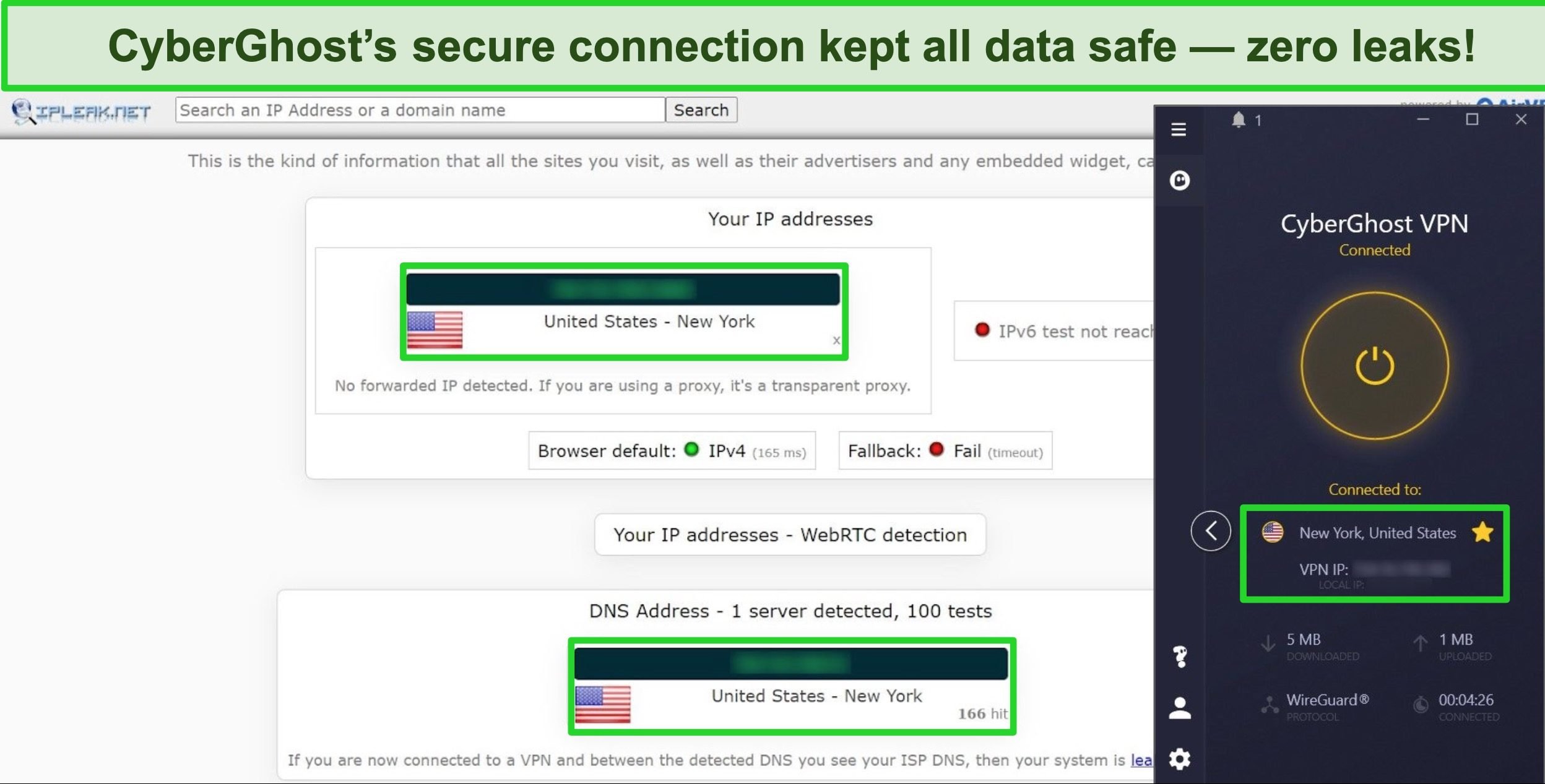 Screenshot of IP leak test with CyberGhost connected to a US server, showing no data leaks.