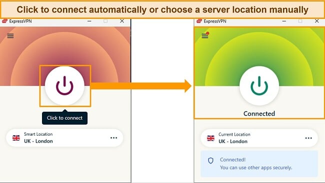 Screenshots of ExpressVPN's Windows app, disconnected and connected to a UK - London server