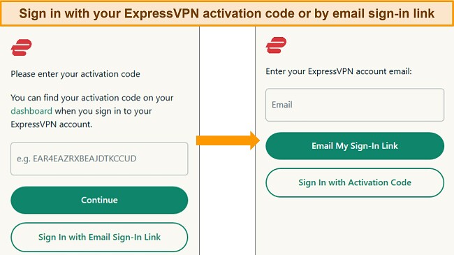 Image showing ExpressVPN's 2 sign-in options - by activation code or email sign-in link.