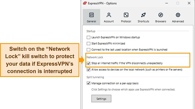 Image of ExpressVPN's Windows app showing the General settings menu and highlighting the Network Lock option.