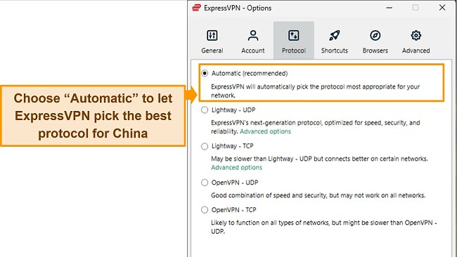 Image of ExpressVPN's Windows app, showing the protocol menu and highlighting the