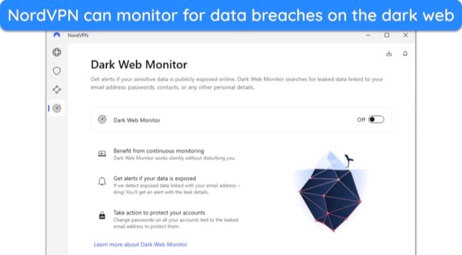 image of NordVPN's Dark Web Monitor feature in the Windows app