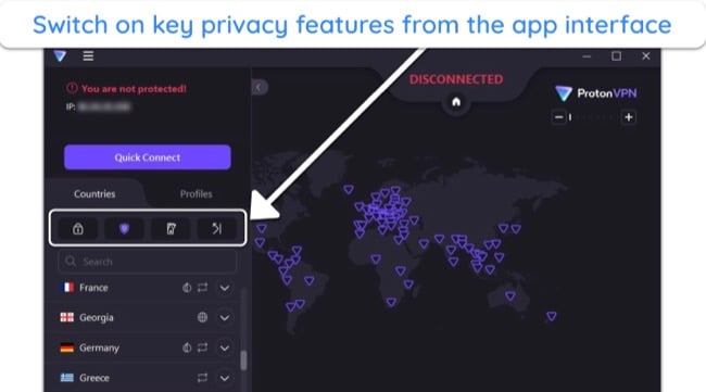 image of Proton VPN's Windows app, highlighting some privacy features on the main interface