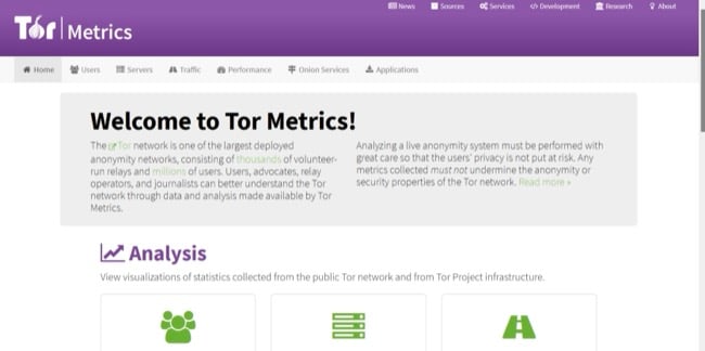 Image de la page d'accueil de Tor Metrics