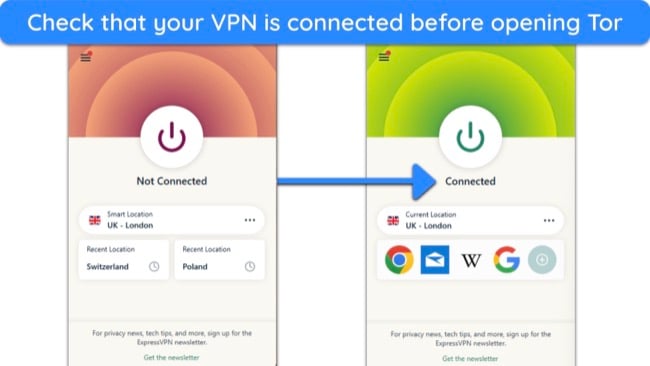  images of ExpressVPN's Windows app, showing the difference between the app when disconnected and connected