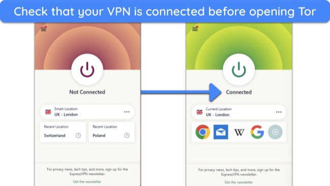  images of ExpressVPN's Windows app, showing the difference between the app when disconnected and connected