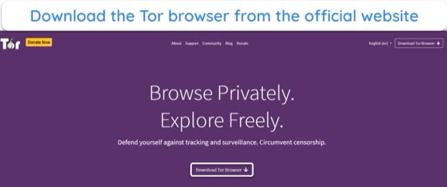 image of Tor Project home page.