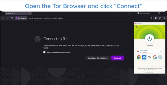 image of Tor Browser before connecting to Tor network, with ExpressVPN connected to a UK-London server