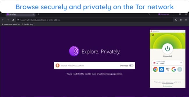 image of Tor Browser connected to Tor network, with ExpressVPN connected to a UK-London server