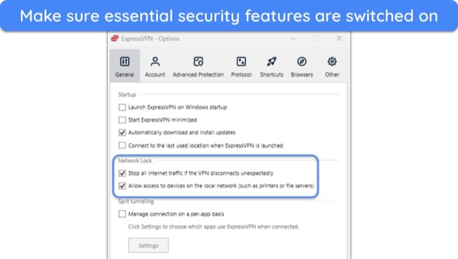 image of ExpressVPN's Windows app, showing Network Lock options switched on