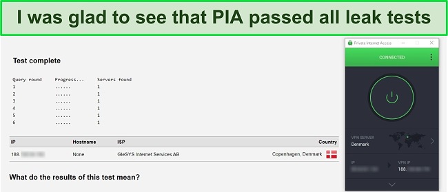 Screenshot of PIA's DNS leak test.
