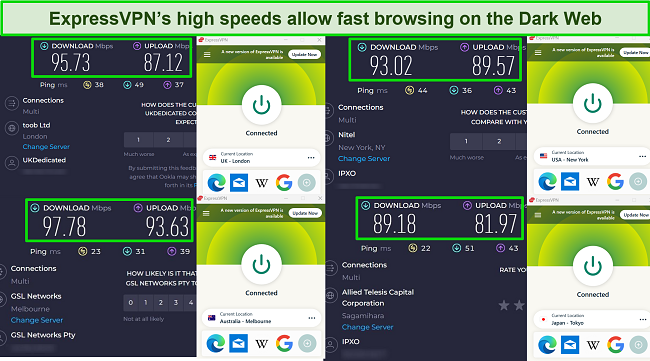 Screenshot of speed test results while connected to ExpressVPN's servers in the UK, US, Australia, and Japan