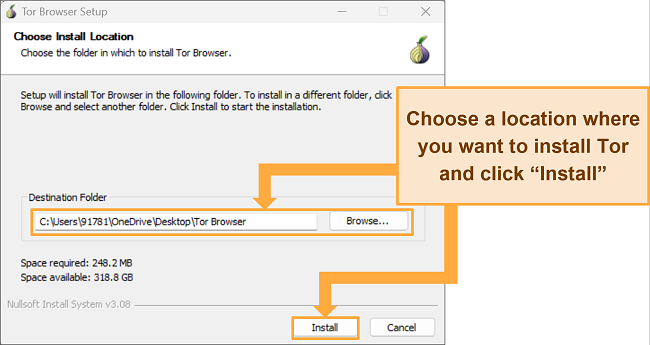 Screenshot of choosing Tor installation location on Windows PC