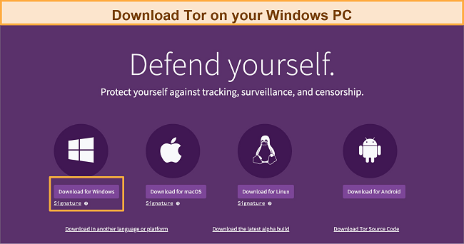 Screenshot of Tor Projecy's official website showing download option selected for Windows