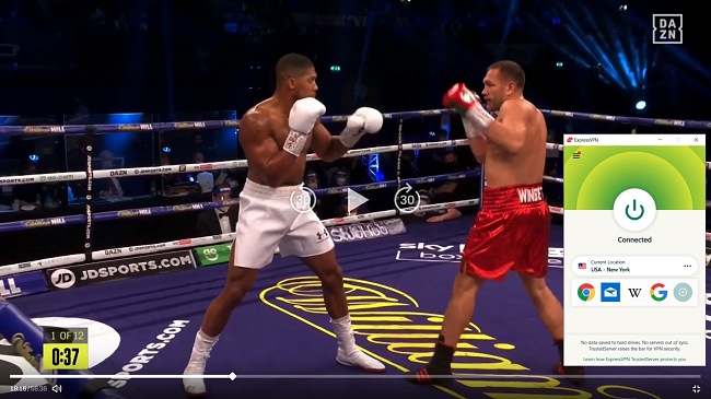 Screenshot of streaming a boxing match on DAZN with ExpressVPN server connection