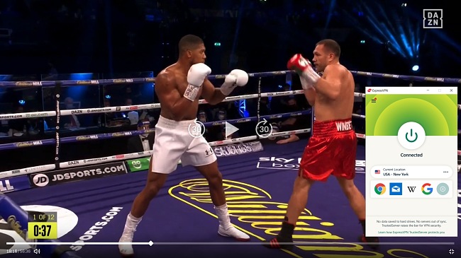 Captura de tela do streaming de uma luta de boxe no DAZN com conexão de servidor ExpressVPN