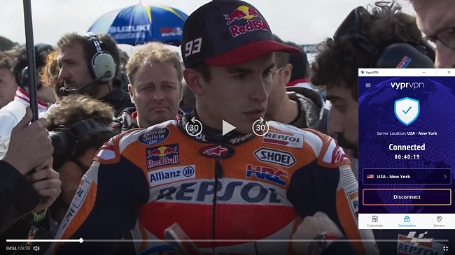 Screenshot of streaming The Making of Marc Marquez on DAZN with VyprVPN server connection
