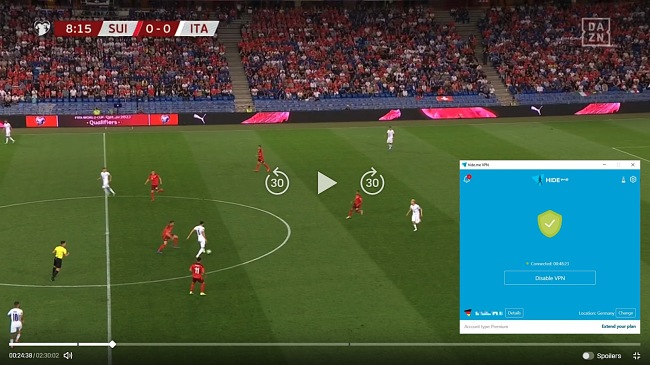Screenshot of streaming a soccer game on DAZN with hide.me server connection