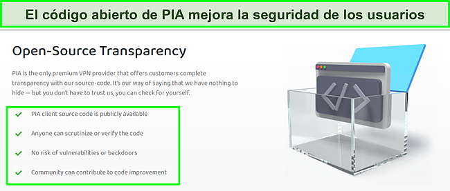 Captura de pantalla del sitio web de PIA con detalles de la transparencia de su código fuente abierto.