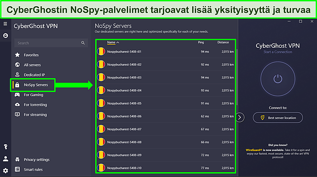 Näyttökaappaus CyberGhostin Windows-sovelluksesta, jossa näkyy NoSpy-palvelinluettelo.