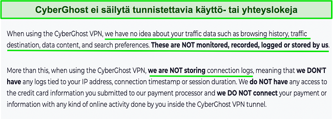 Kuvakaappaus CyberGhost VPN:n tietosuojakäytännöstä