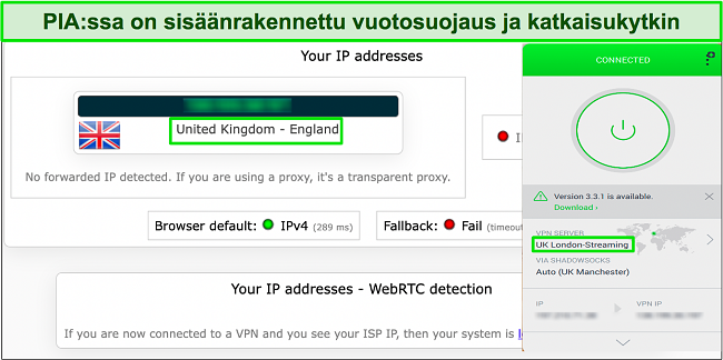 Kuva vuototestistä, joka osoittaa, että PIA piilottaa onnistuneesti käyttäjän alkuperäisen IP-osoitteen