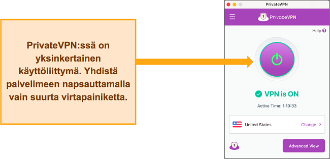 Kuva PrivateVPN:n käyttöliittymästä ollessaan yhteydessä palvelimeen