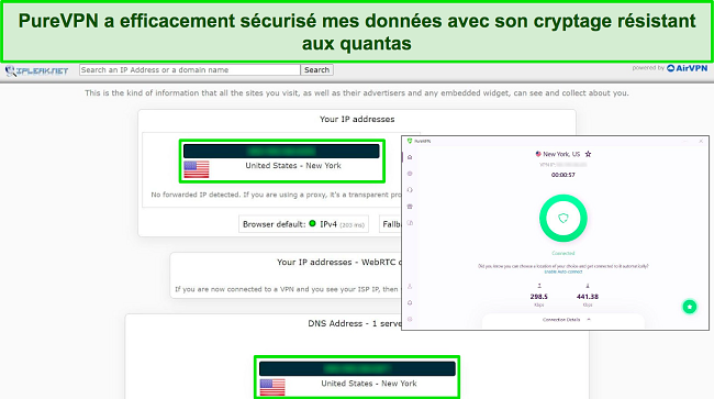 Capture d'écran de PureVPN connecté à un serveur américain, avec les résultats d'un test IPLeak ne montrant aucune fuite de données.