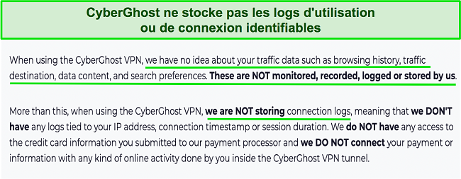 Capture d'écran de la politique de confidentialité de CyberGhost VPN