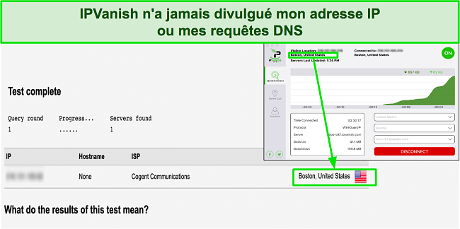 Image d'un test de fuite montrant qu'IPVanish cache avec succès l'adresse IP d'origine de l'utilisateur