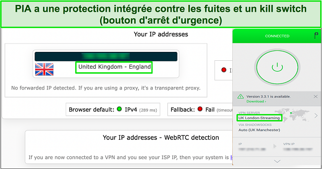 Image du test de fuite montrant que PIA cache avec succès l'adresse IP d'origine de l'utilisateur